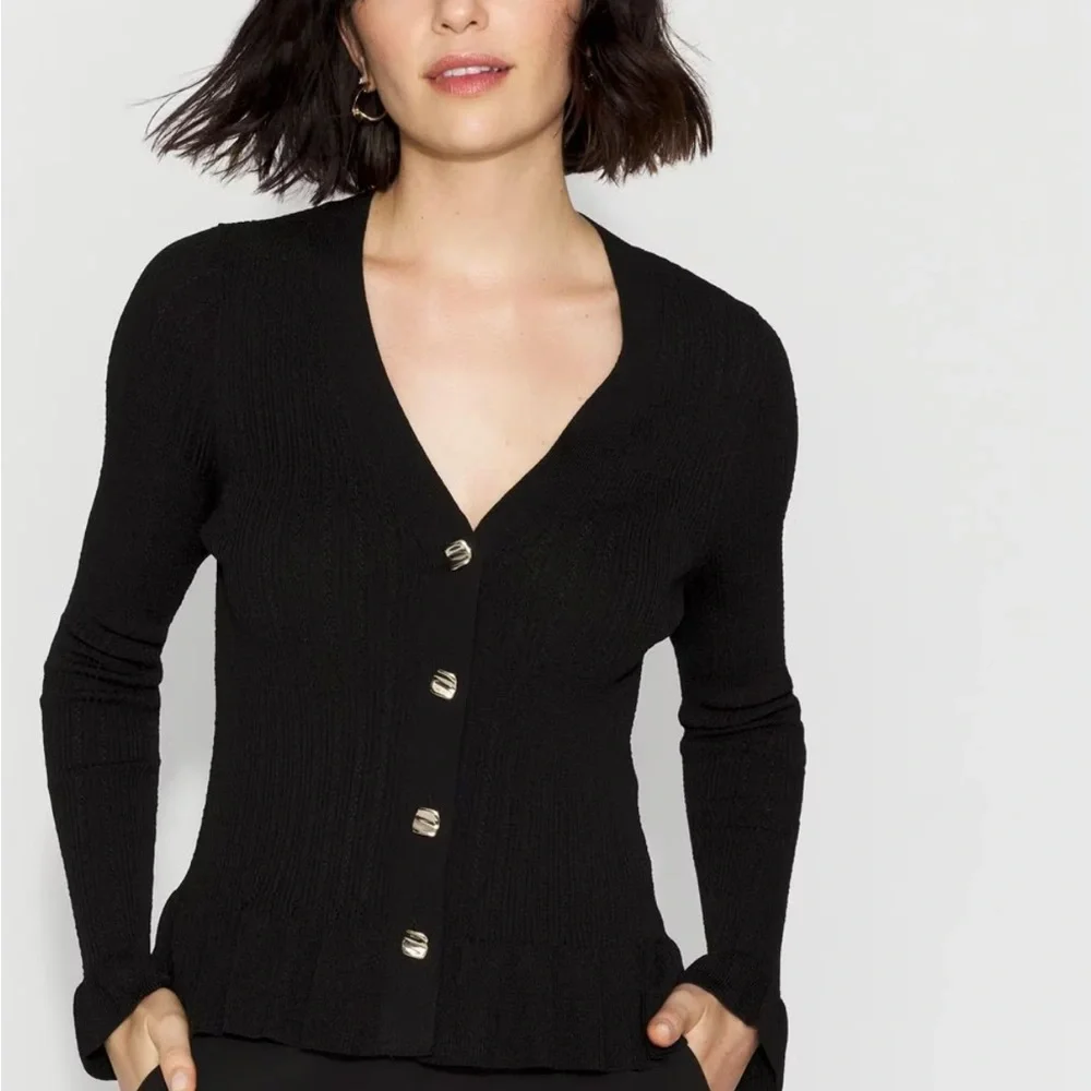 White House Black Market Peplum Cardigan Sweater Navy Size Medium - Picture 2 of 6